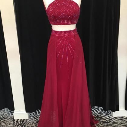 Unique Two Pieces Scoop Sleeveless Long Dark Red..
