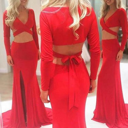 Sexy Two Piece Mermaid Deep V Neck Long Sleeves..