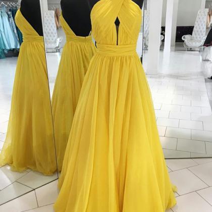 Boho A Line Halter Backless Pleated Long Yellow..