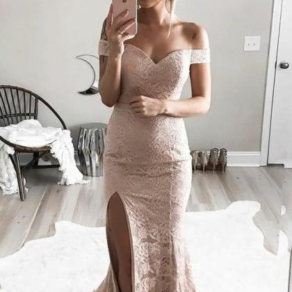 mermaid shoulder elegant prom evening lace slit dirty dresses pink