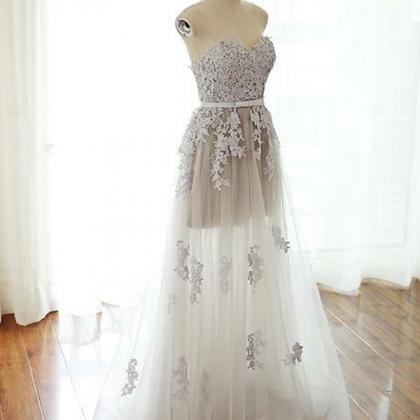Stylish A Line Strapless Lace Up Long Grey Tulle..