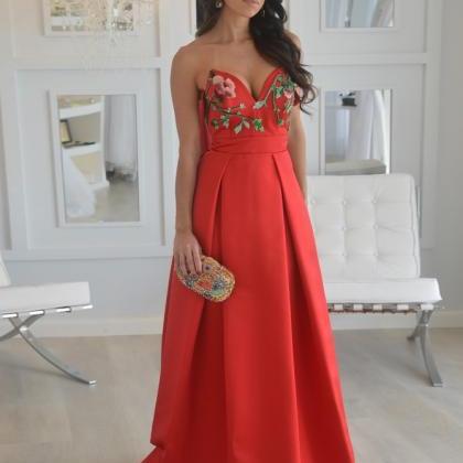 Unique A Line Strapless Embroidery Long Red Satin..