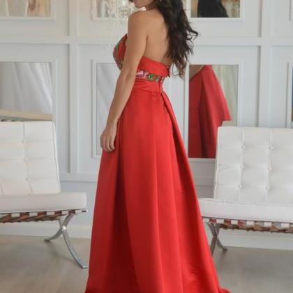 Unique A Line Strapless Embroidery Long Red Satin..