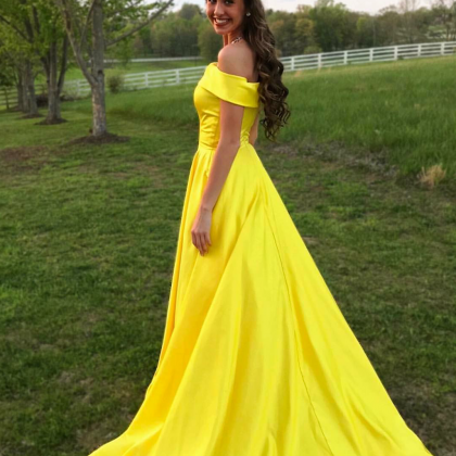 Charming A Line Off Shoulder Yellow Satin..