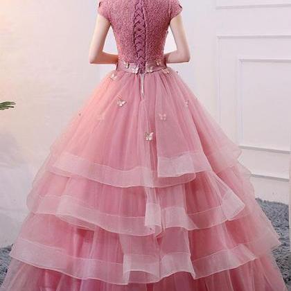 Romantic Ball Gown High Neck Cap Sleeves Lace Up..