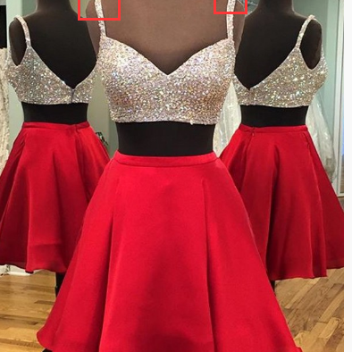 Two Piece A-line V-neck Beaded Satin Red Backless..