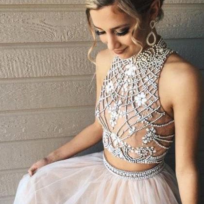 Modern Two Piece High Neck Open Back Beaded..