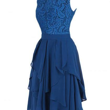 Cute Jewel Knee Length Tiered Navy Blue Lace..