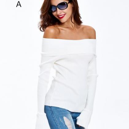 Off Shoulder Sweater White Sweater Slim Fit..