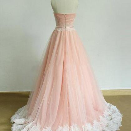 Elegant A Line Strapless Pleated Pink Tulle Lace..