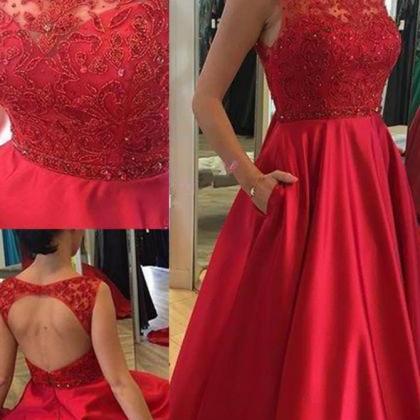 Elegant A Line Open Back Scoop Long Red Lace Prom..