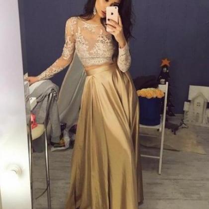 Elegant Two Piece Long Sleeves Gold Stain Lace..