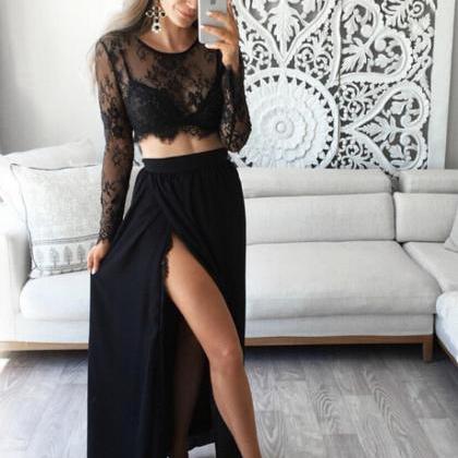 Stunning Two Piece Jewel Long Sleeves Black Lace..