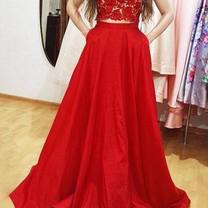 Simple Two Piece Bateau Sleeveless Long Red Satin..