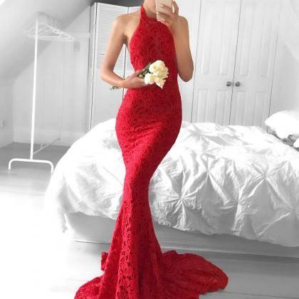 Sexy Mermaid Halter Backless Long Red Lace Prom..