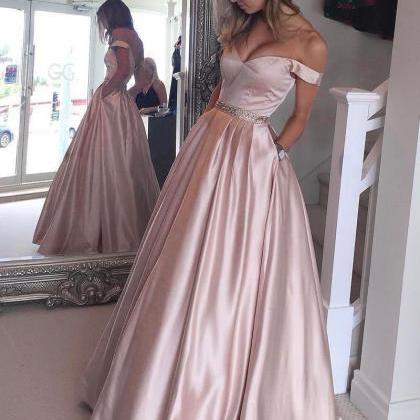 Charming Off The Shoulder Long Pearl Pink Satin..