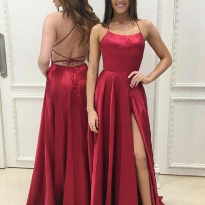 Sexy A Line Spaghetti Straps Backless Long Burgundy Satin Prom/Evening Dresses With High Split