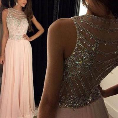 A-Line Long Chiffon Scoop Pink Prom/Evening Dress with Beading