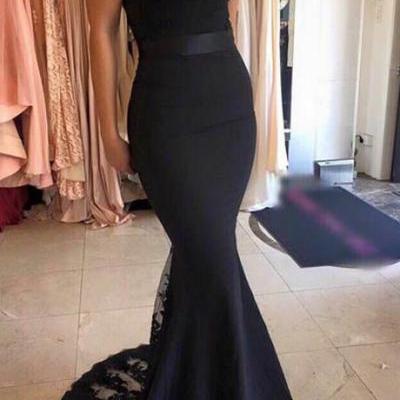 Classy Mermaid Off Shoulder Long Black Satin Bridesmaid/Prom Dress With Lace