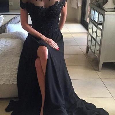 Off Shoulder Prom Dresses, Prom Dresses with Short Sleeves ,Black Prom Dress, Sexy Prom Dresses,Lace Prom Dresses