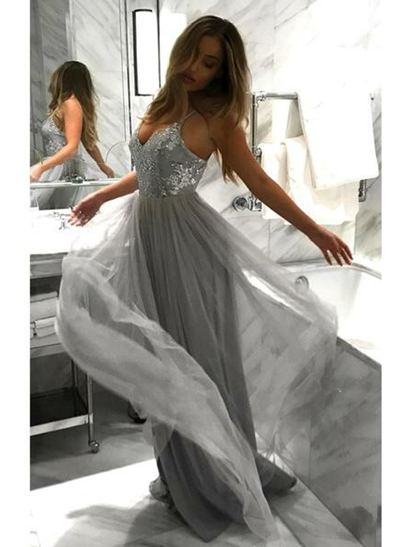 Sexy A Line Spaghetti Straps Deep V Neck Long Gray Tulle Promevening Dresses With Appliques On 1457