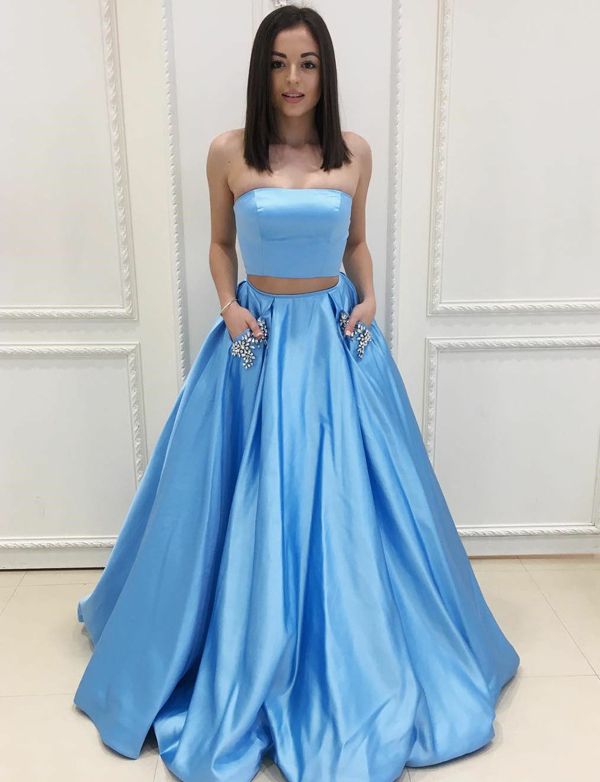 Simple Two Pieces Strapless Long Light Blue Satin Prom Dresses With Pockets/beads