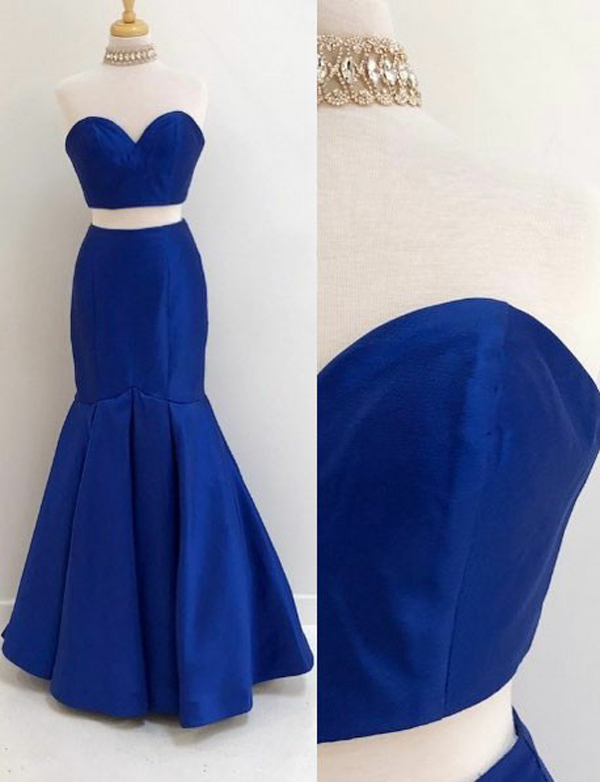 Simple Two Pieces Sweetheart Long Mermaid Royal Blue Satin Prom/evening Dresses