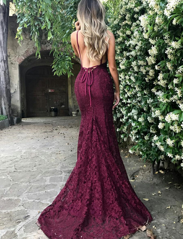Sexy Mermaid Backless Spaghetti Straps Long Burgundy Lace Prom/Evening ...