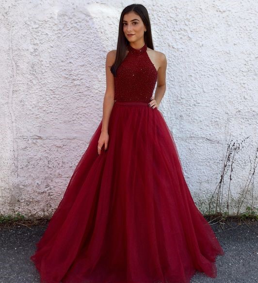 Glamorous A Line Halter Backless Long Dark Red Tulle Prom/evening Dresses With Beading