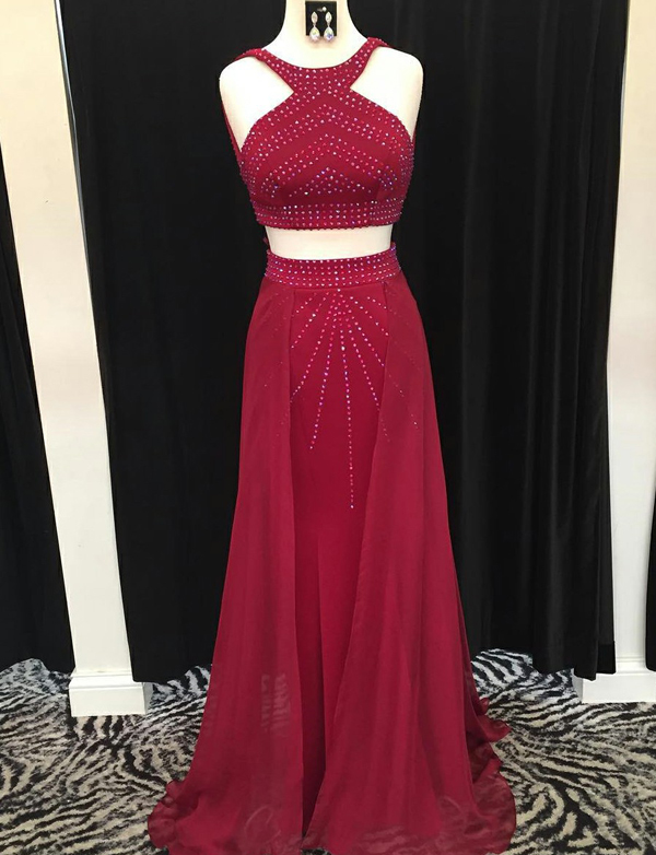 Unique Two Pieces Scoop Sleeveless Long Dark Red Prom/party Dresses With Beads