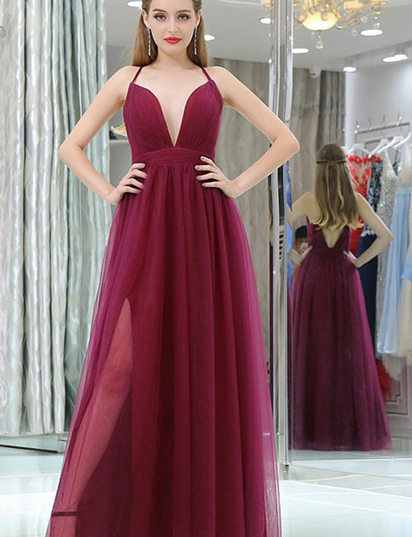 Simple A Line Spaghetti Straps Long Women Burgundy Tulle Prom/evening Dresses With High Split