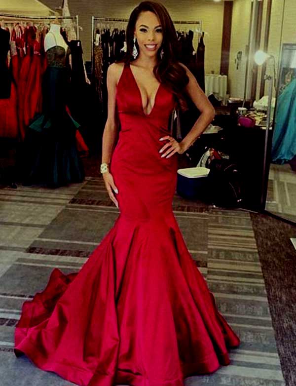 Simple Mermaid Deep V Neck Long Women Red Satin Prom/evening Dresses With Sweep Train