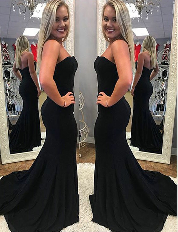 Simple Mermaid Strapless Long Women Black Prom/evening Dresses With Sweep Train