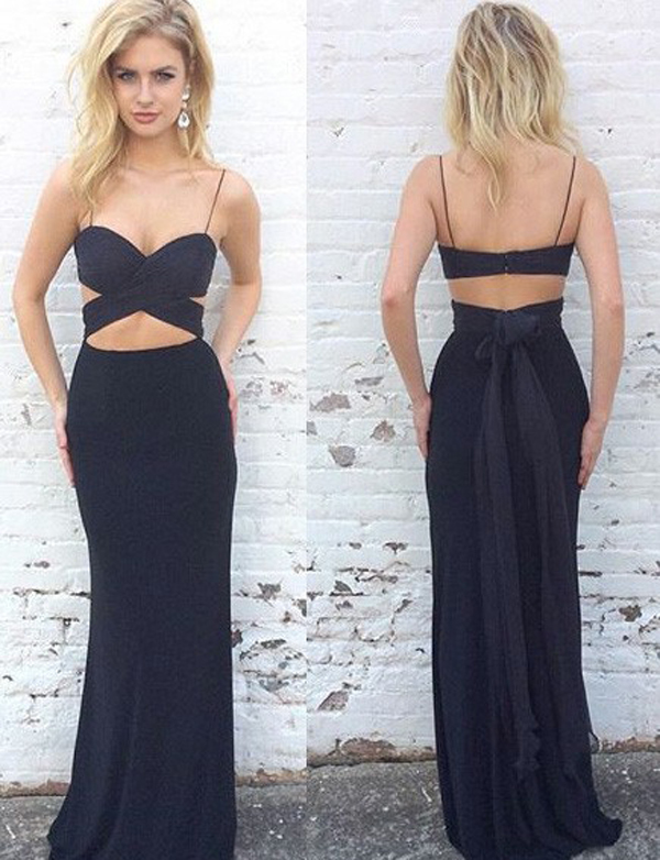 Sexy Sheath Spaghetti Straps Sweetheart Long Black Prom/evening Dresses With Hole Back