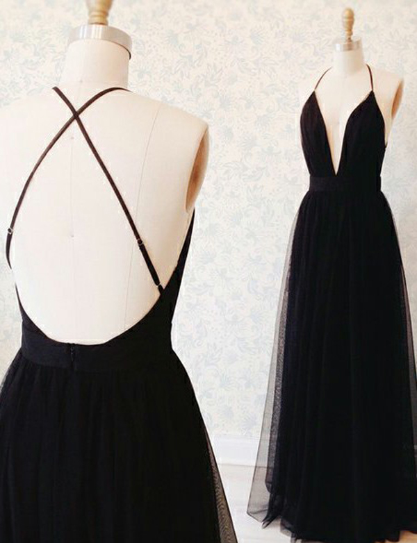 Simple A Line Spaghetti Straps Deep V Neck Backless Long Black Tulle Prom/evening Dresses