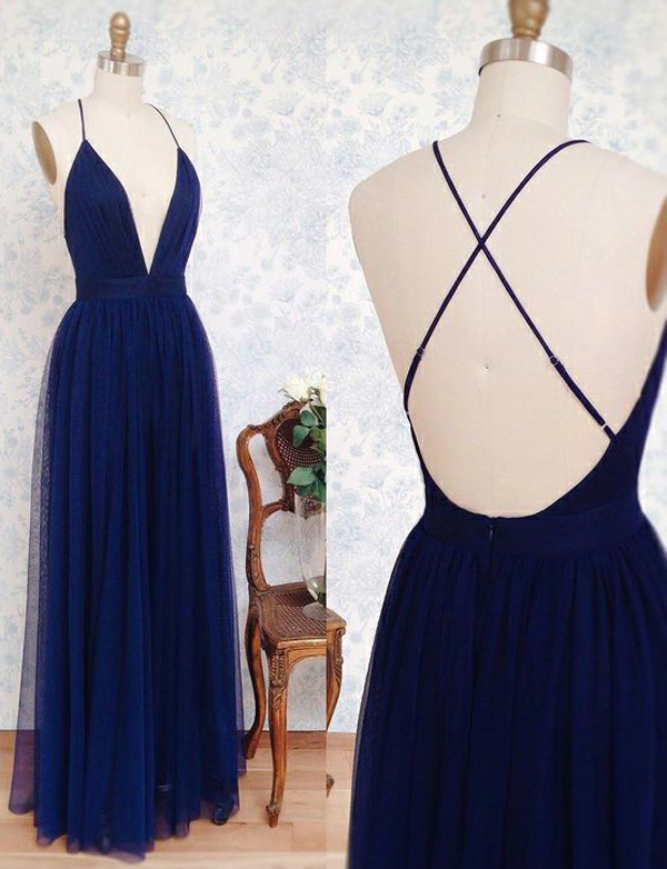 Simple A Line Spaghetti Straps Deep V Neck Backless Long Royal Blue Tulle Prom/evening Dresses