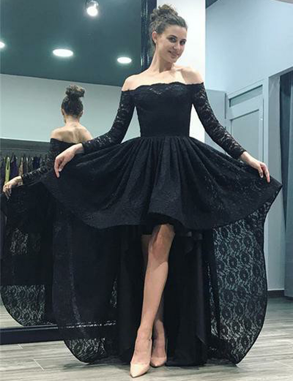 Elegant High Low Off The Shoulder Long Sleeves Black Lace Prom/evening Dresses 2018