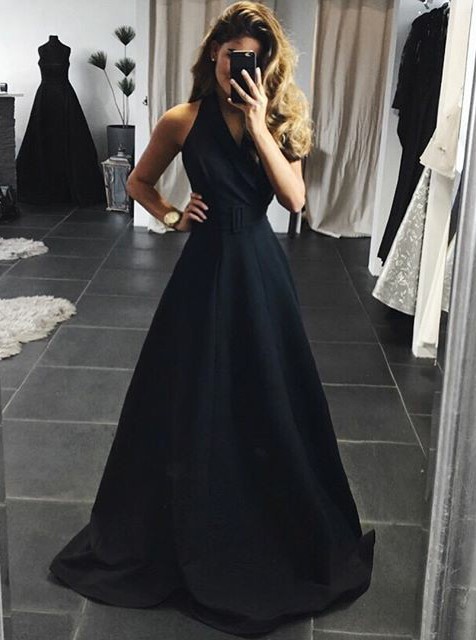 Elegant A Line V Neck Sleeveless Long Black Satin Prom/evening Dresses With Belt