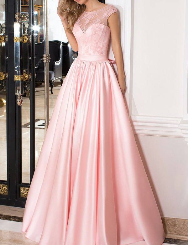 Elegant A Line Scoop Cap Sleeves Lace Up Long Pink Satin Prom/formal Dresses With Lace/bow
