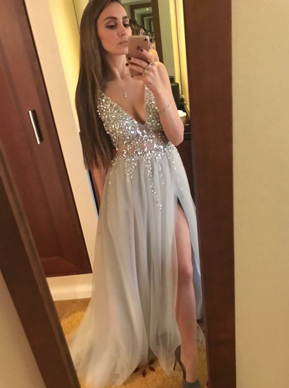 Sexy A Line Deep V Neck Backless High Split Long Gray Tulle Prom Dresses With Sequins/beading