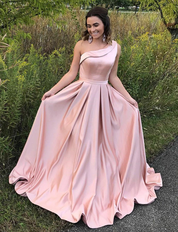 Unique A Line One Shoulder Long Pearl Pink Satin Prom/evening Dresses