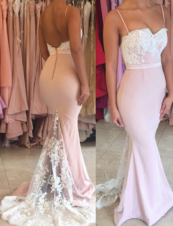 Sexy Mermaid Spaghetti Straps Sweetheart Long Pink Prom/bridesmaid Dresses With Lace Appliques