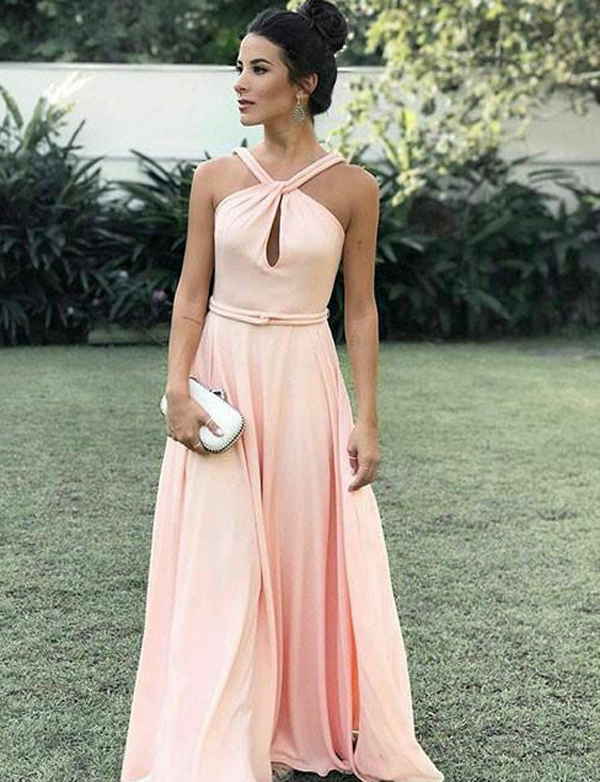 Boho A Line Halter Sleeveless Long Blush Pink Prom/evening Dresses With Belt
