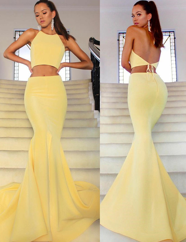 Sexy Two Pieces Mermaid Halter Sleeveless High Split Long Yellow Prom