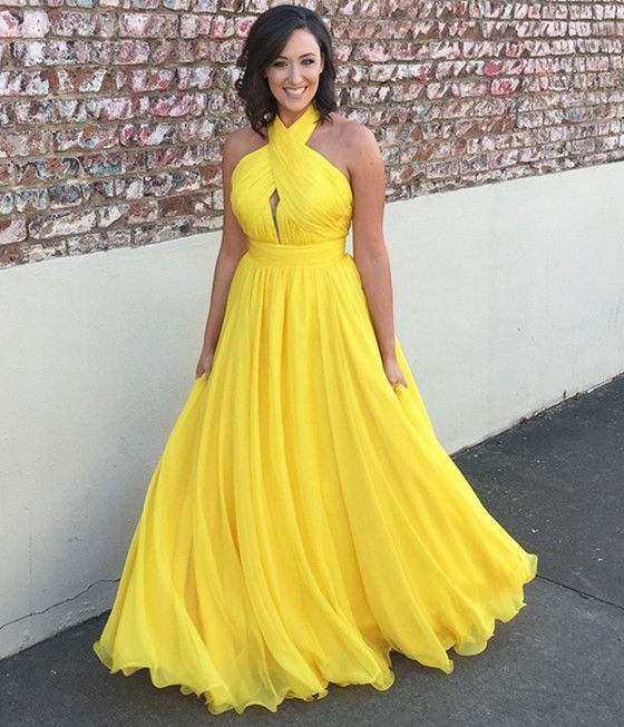 Boho A Line Halter Backless Pleated Long Yellow Prom/evening Dresses