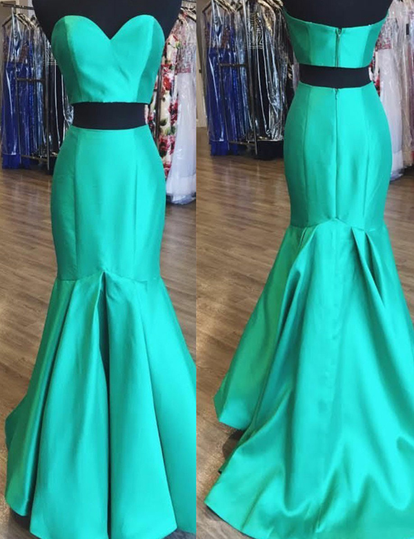 Simple Two Piece Mermaid Sweetheart Long Dark Green Satin Prom Dresses With Pockets/beads