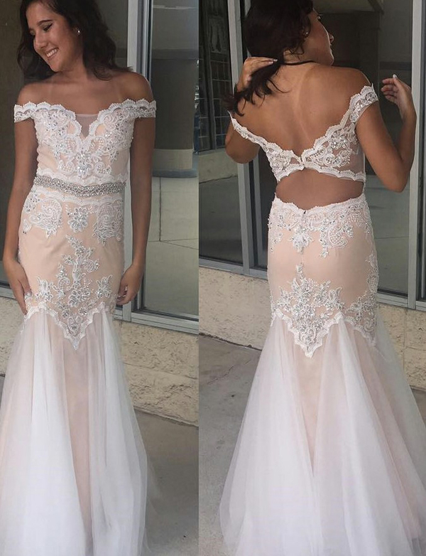 Beautiful Mermaid Off The Shoulder Open Back Long Champagne Tulle Prom Dresses With Beaded Appliques