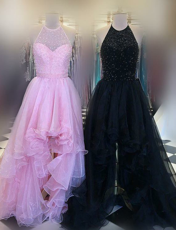 Stunning High Low Halter Beaded Long Red/black/pink Tulle Prom/graduation Dress With Ruffles