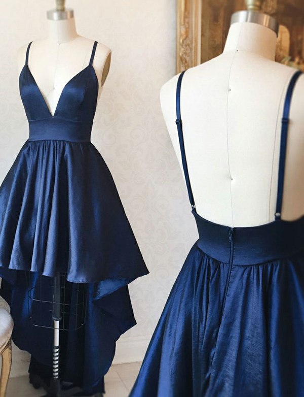 Simple High Low Spaghetti Straps Long Navy Blue Satin Prom/party Dress