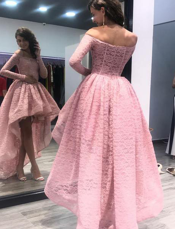 Modern High Low Off Shoulder Long Sleeves Women Pink Lace Prom/evening Dress